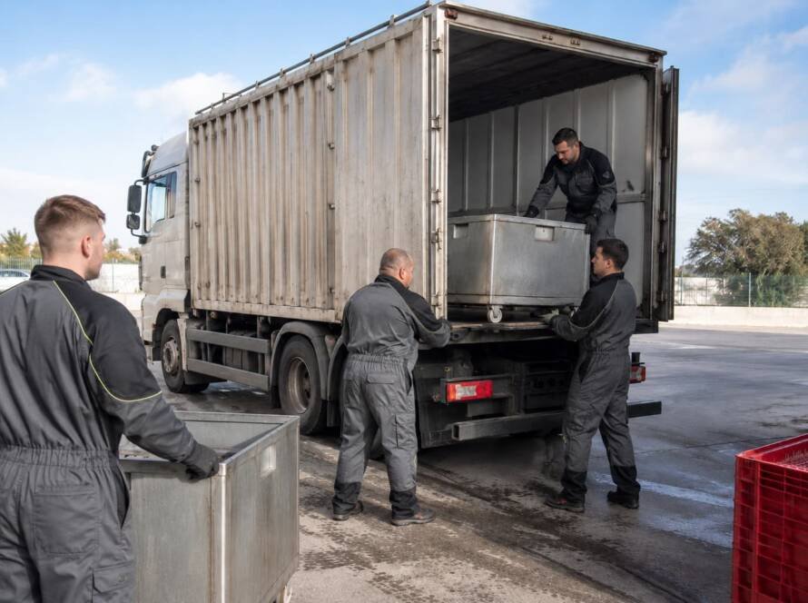 Operarios cargando subproductos cárnicos en un camión especializado para su recogida y gestión