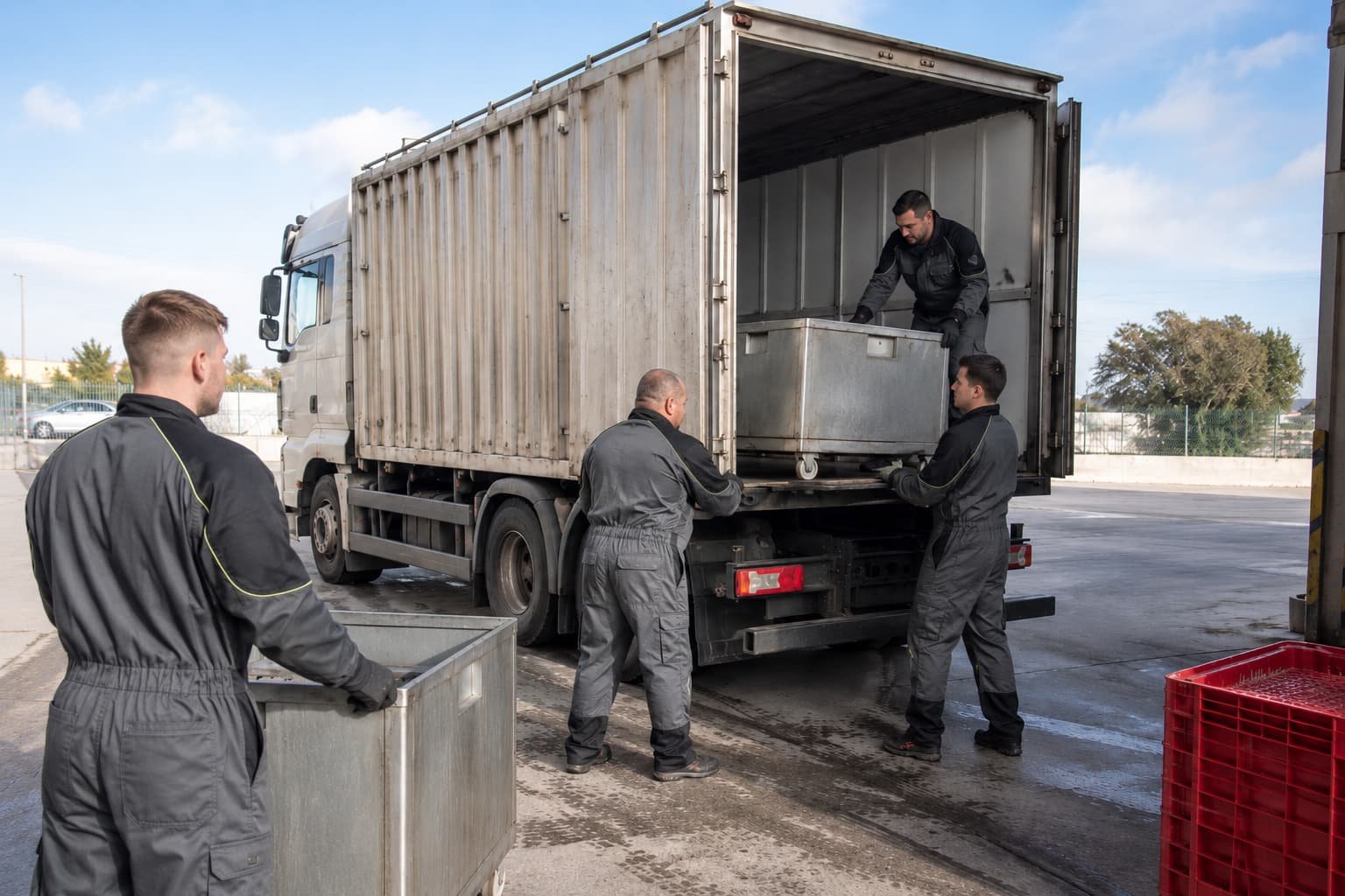 Operarios cargando subproductos cárnicos en un camión especializado para su recogida y gestión